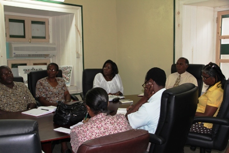 Premier of Nevis and Education Minister Hon. Vance Amory (head of the table) meeting with Permanent Secretary in Education Mrs. Lornette Queeley-Connor (third from left) the island’s school principals at the Cabinet Room at the Bath Hotel